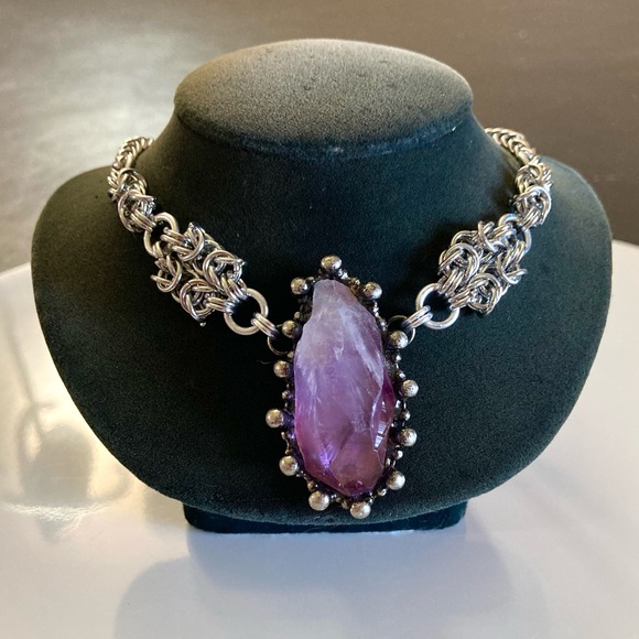 Handmade Genuine raw amethyst crystal maille stainless steel boho goth necklace - Picture 11 of 12